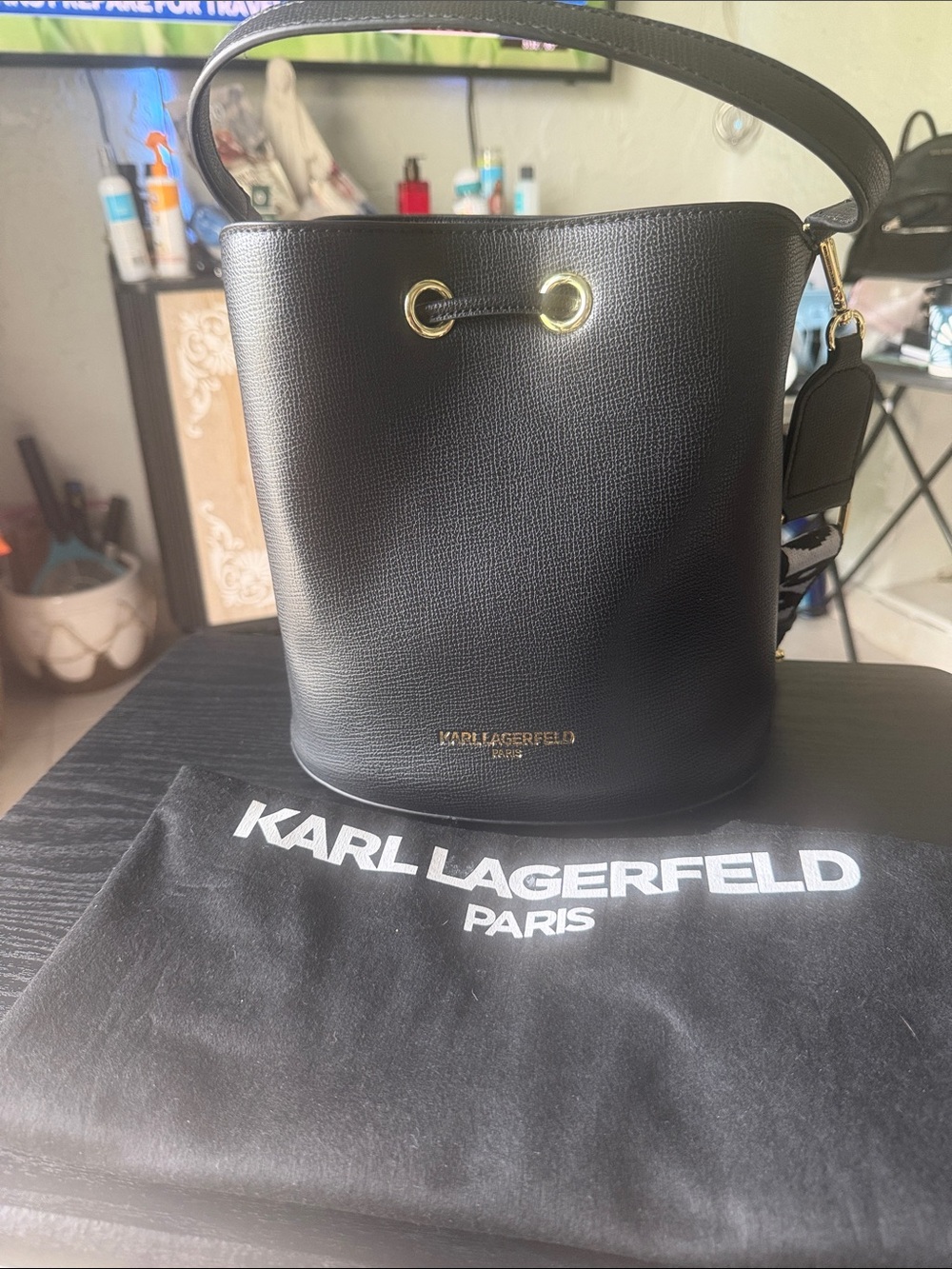 Karl Lagerfeld Black Leather Bucket Bag with Gold Eyelets